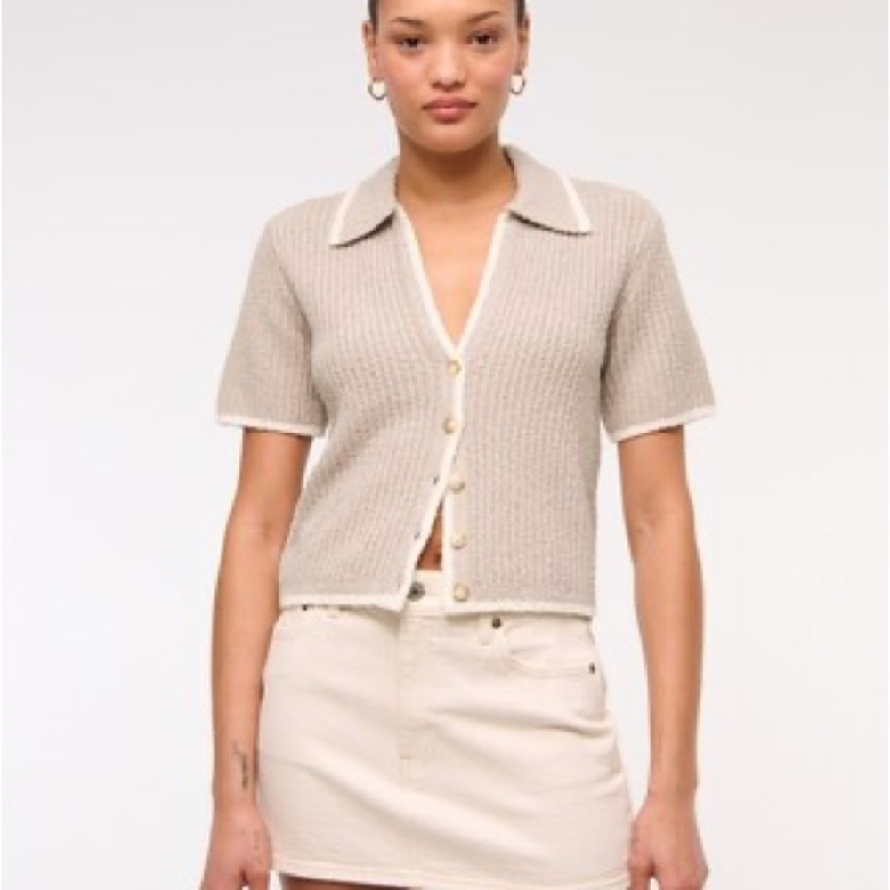 Abercrombie & Fitch Short-Sleeve Crochet Button Down Polo Shirt - Beige